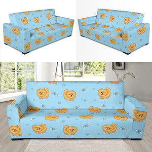 Brown Cute Pomeranian Blue Blackground Sofa Slipcover