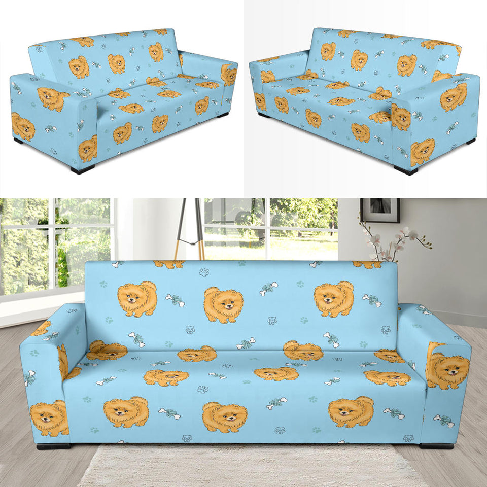 Brown Cute Pomeranian Blue Blackground Sofa Slipcover