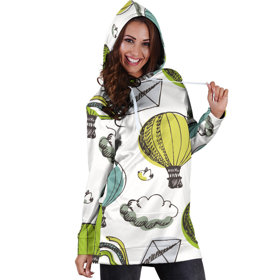 Hot Air Balloon Bird Cloud Pattern Women'S Hoodie Dress