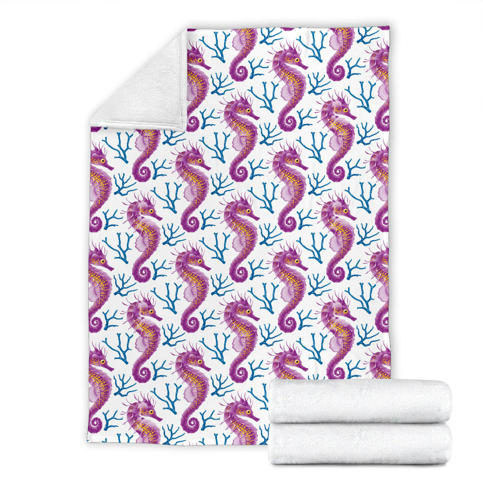 Purple Seahorse Blue Coral Pattern Premium Blanket