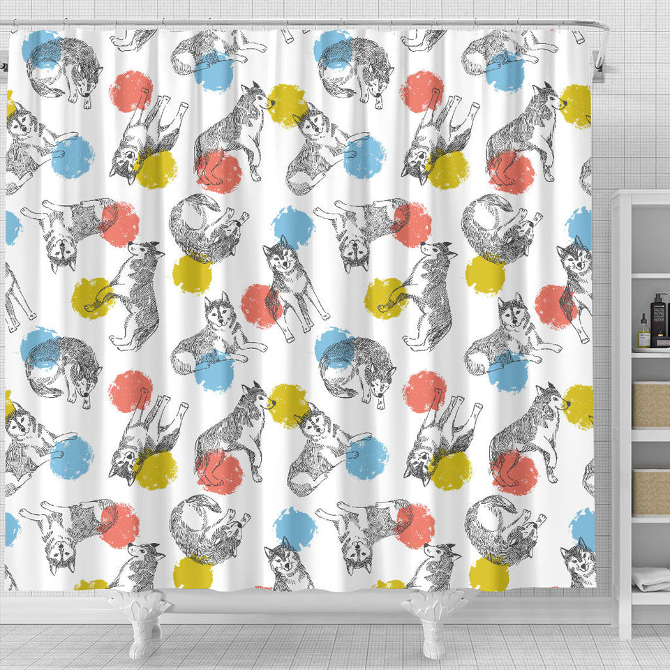 Siberian Husky And Colorful Circle Pattern Shower Curtain Fulfilled In US