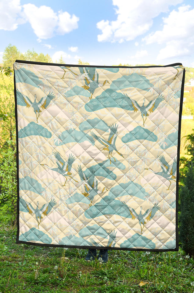 Bonsai Bamboo Stork Japanese Pattern Cream Theme Premium Quilt