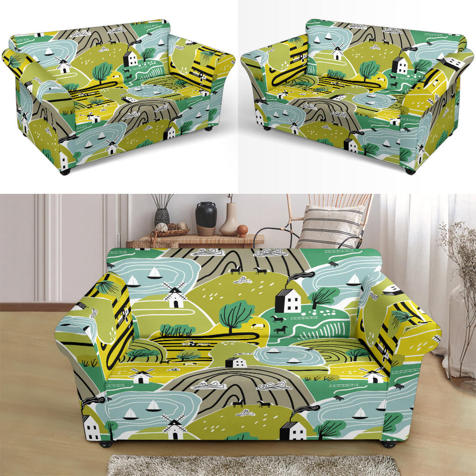 Hand Drawn Windmill Pattern Loveseat Couch Slipcover