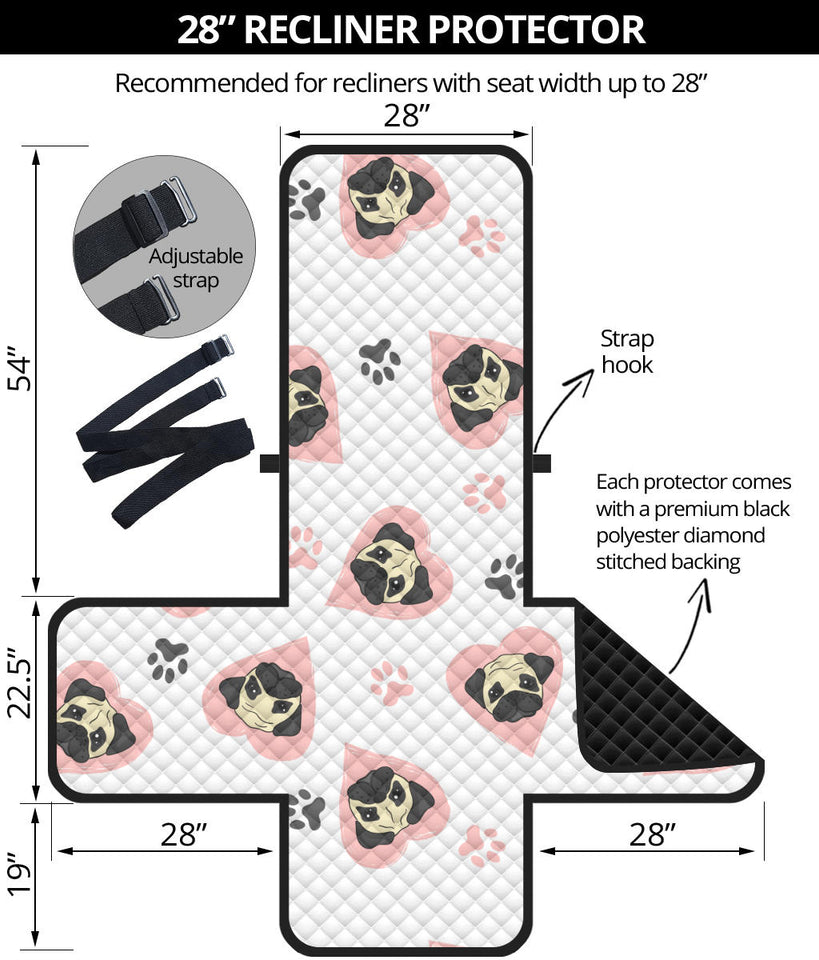 Cute pugs pink heart paw pattern Recliner Cover Protector