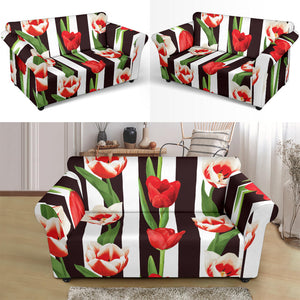 Red And White Tulips Pattern Loveseat Couch Slipcover