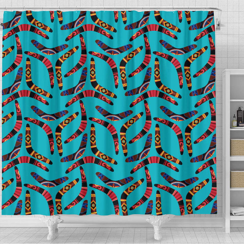 Boomerang Australian Aboriginal Ornament Blue Background Shower Curtain Fulfilled In US