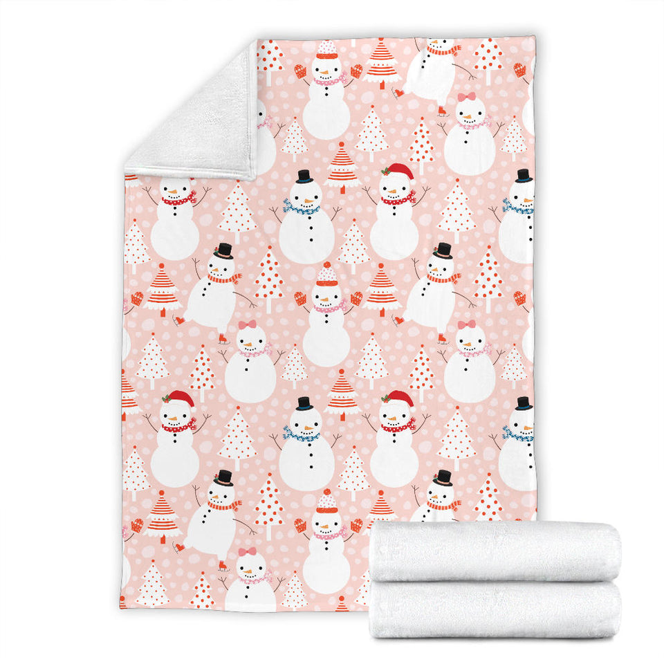 Cute Snowman Christmas Tree Snowpink Background Premium Blanket