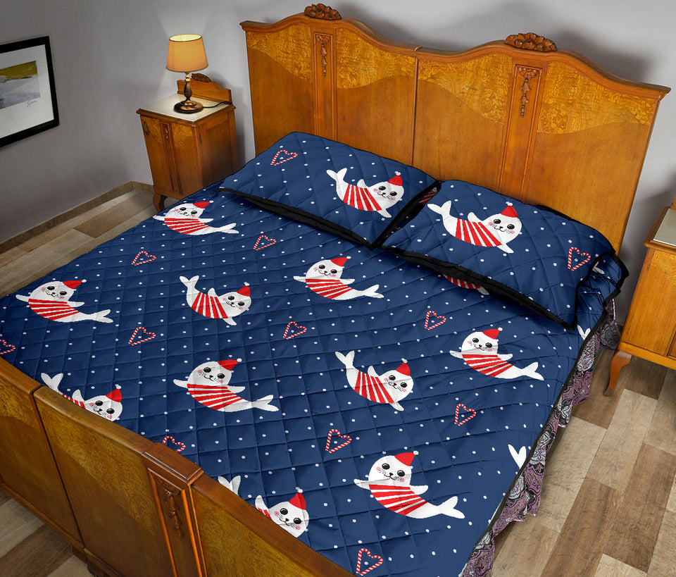 Cute sea lion seal christmas hat candy cane heart pattern Quilt Bed Set