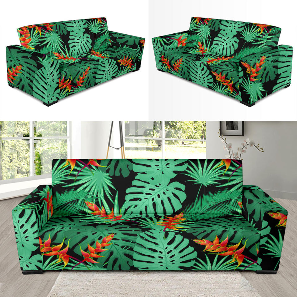 Heliconia Flower Palm Monstera Leaves Black Background Sofa Slipcover