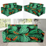 Heliconia Flower Palm Monstera Leaves Black Background Sofa Slipcover
