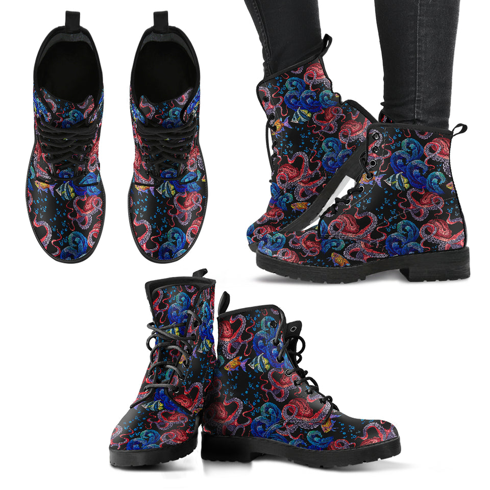 Octopus Sea Wave Tropical Fishe Pattern Leather Boots