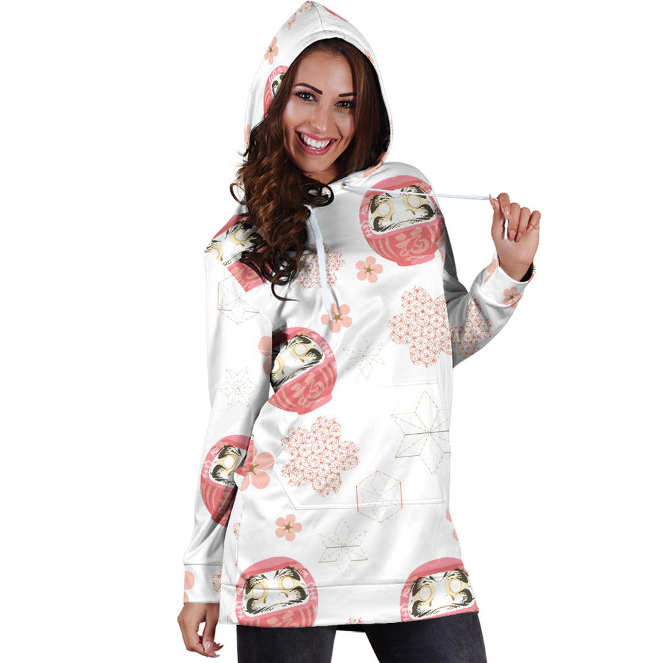Daruma Japanese Wooden Doll Cherry Blossom Flower Pattern Women'S Hoodie Dress