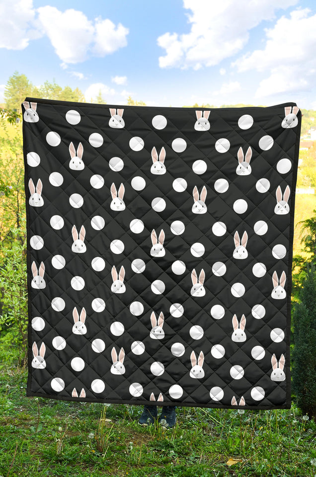 Cute White Rabbit Polka Dots Black Background Premium Quilt