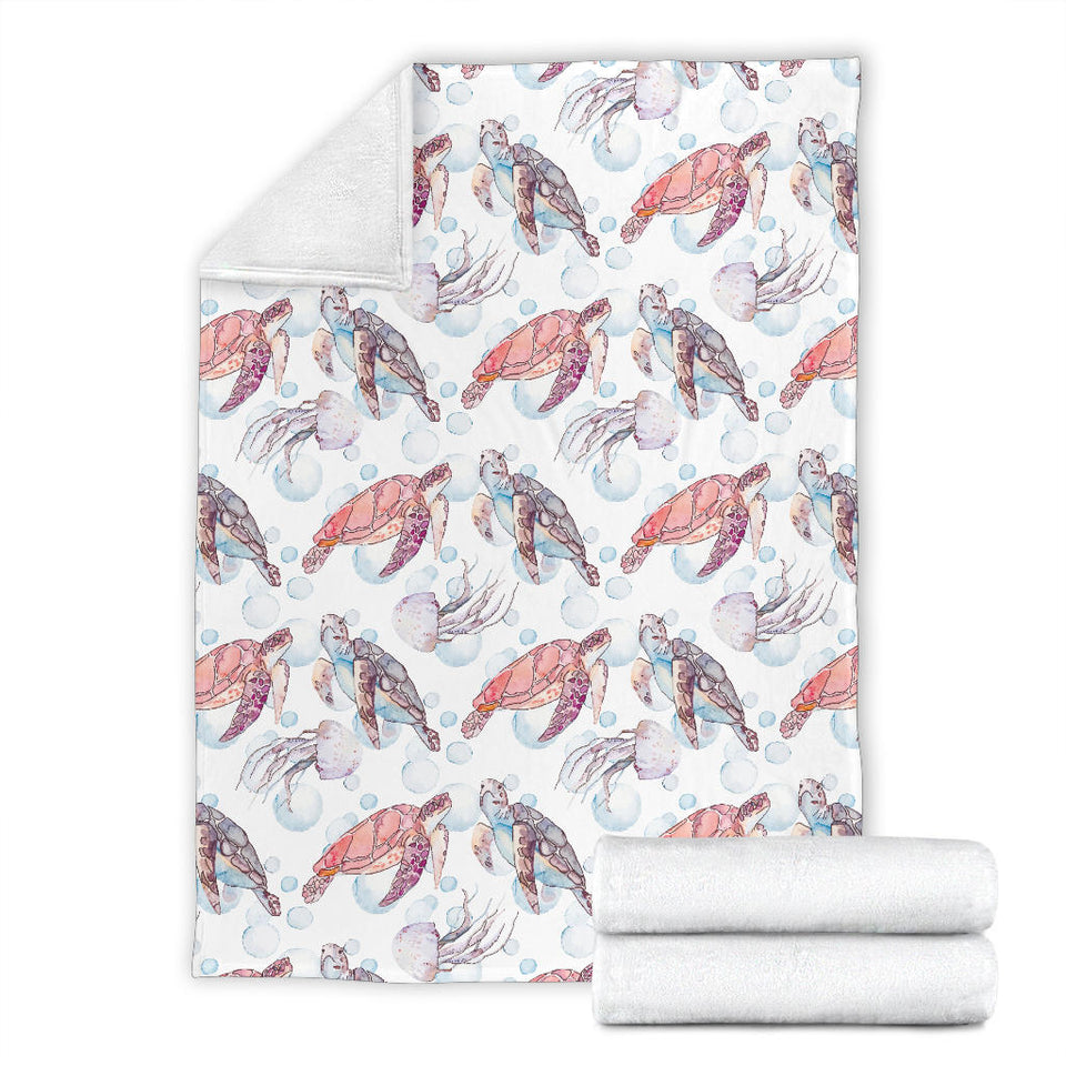 Watercolor Sea Turtle Jellyfish Pattern Premium Blanket