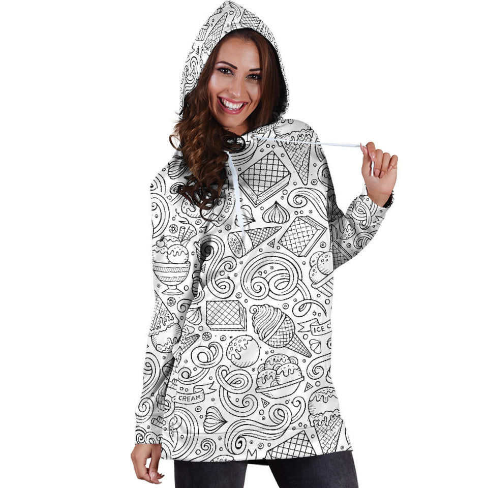 Cartoon Hand Drawn Ice Cream Black White Women'S Hoodie Dress