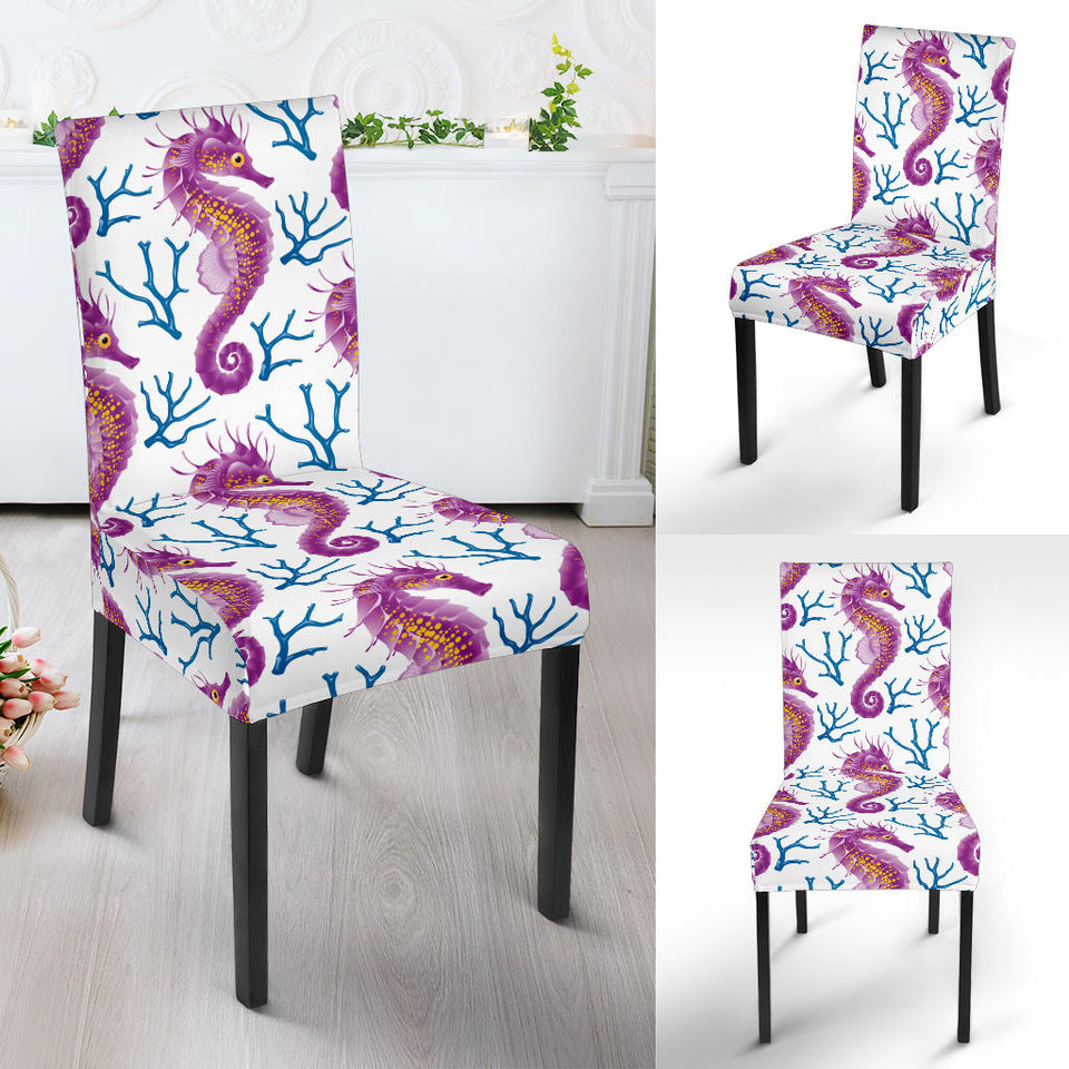 Purple Seahorse Blue Coral Pattern Dining Chair Slipcover