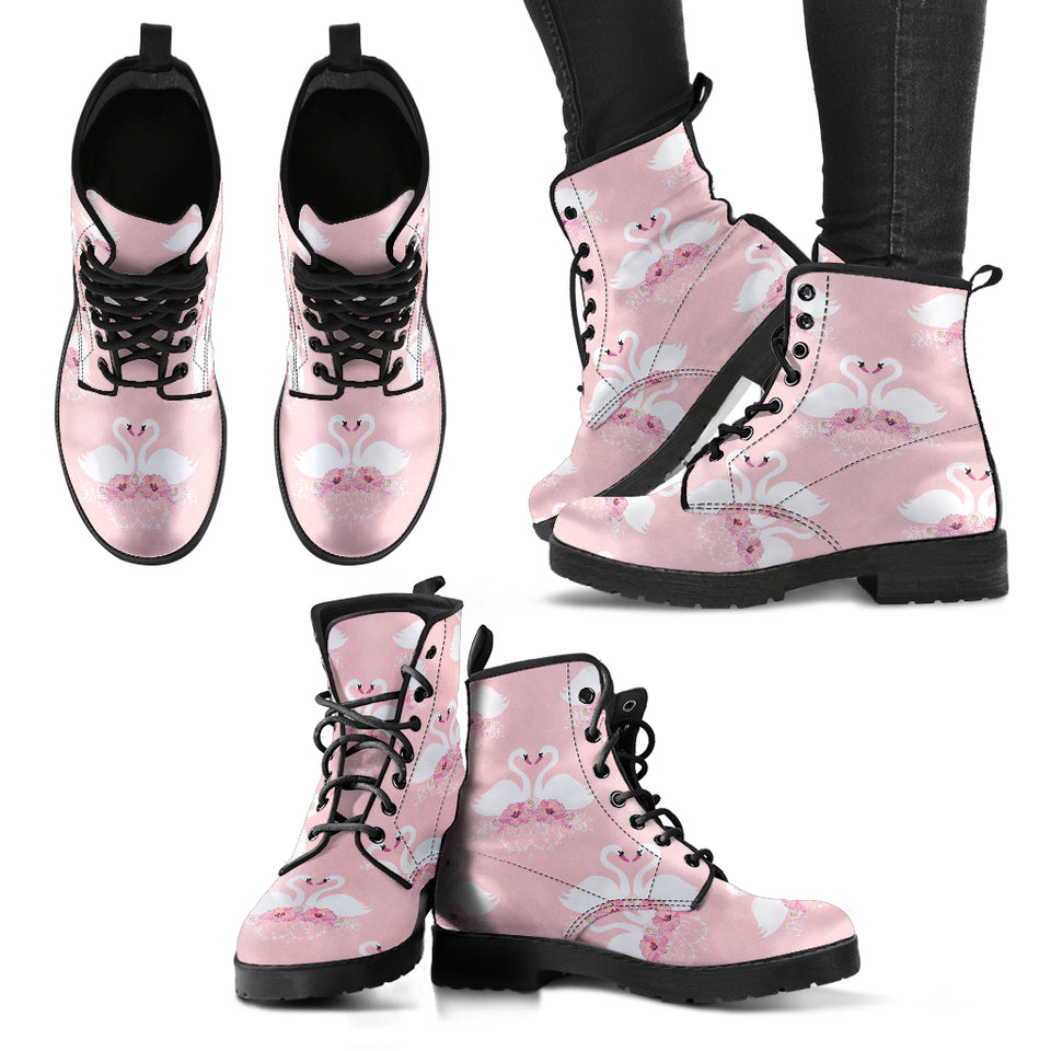 White Swan And Flower Love Pattern Leather Boots