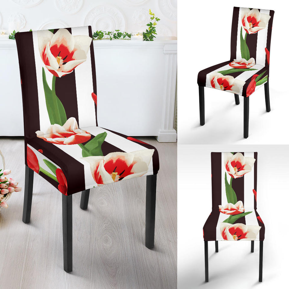 Red And White Tulips Pattern Dining Chair Slipcover