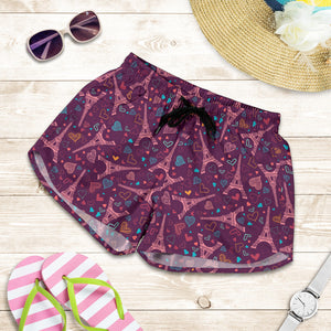 Eiffel Tower Heart Pattern Print Design 04 Women Shorts