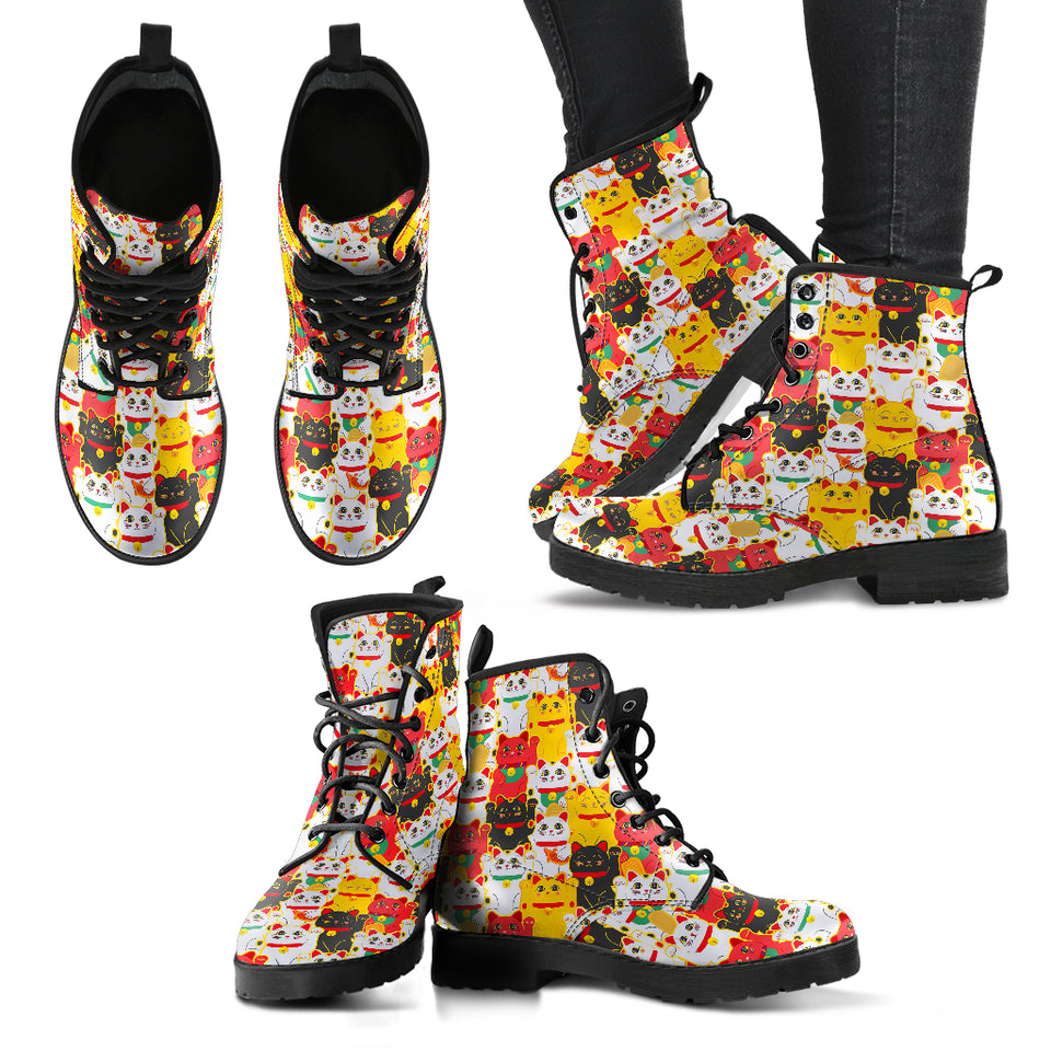 Colorful Maneki Neko Lucky Cat Pattern Leather Boots