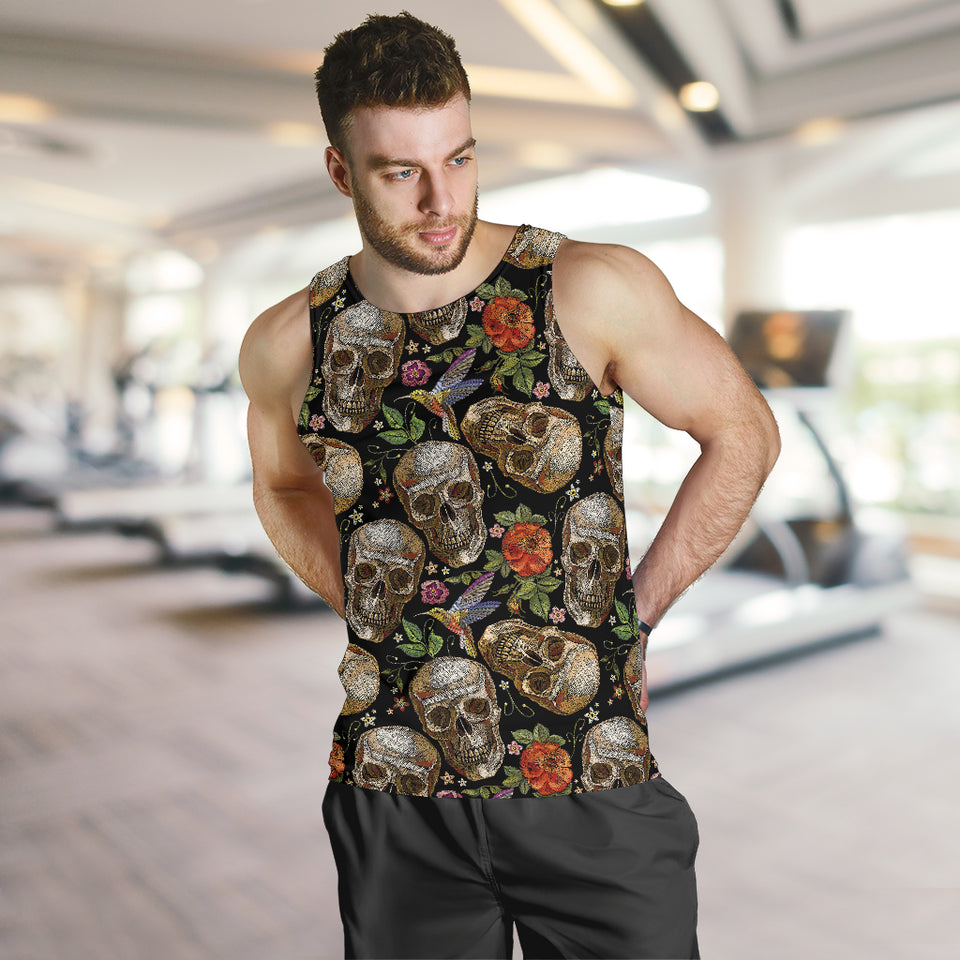 Skull rose humming bird flower pattern Men Tank Top