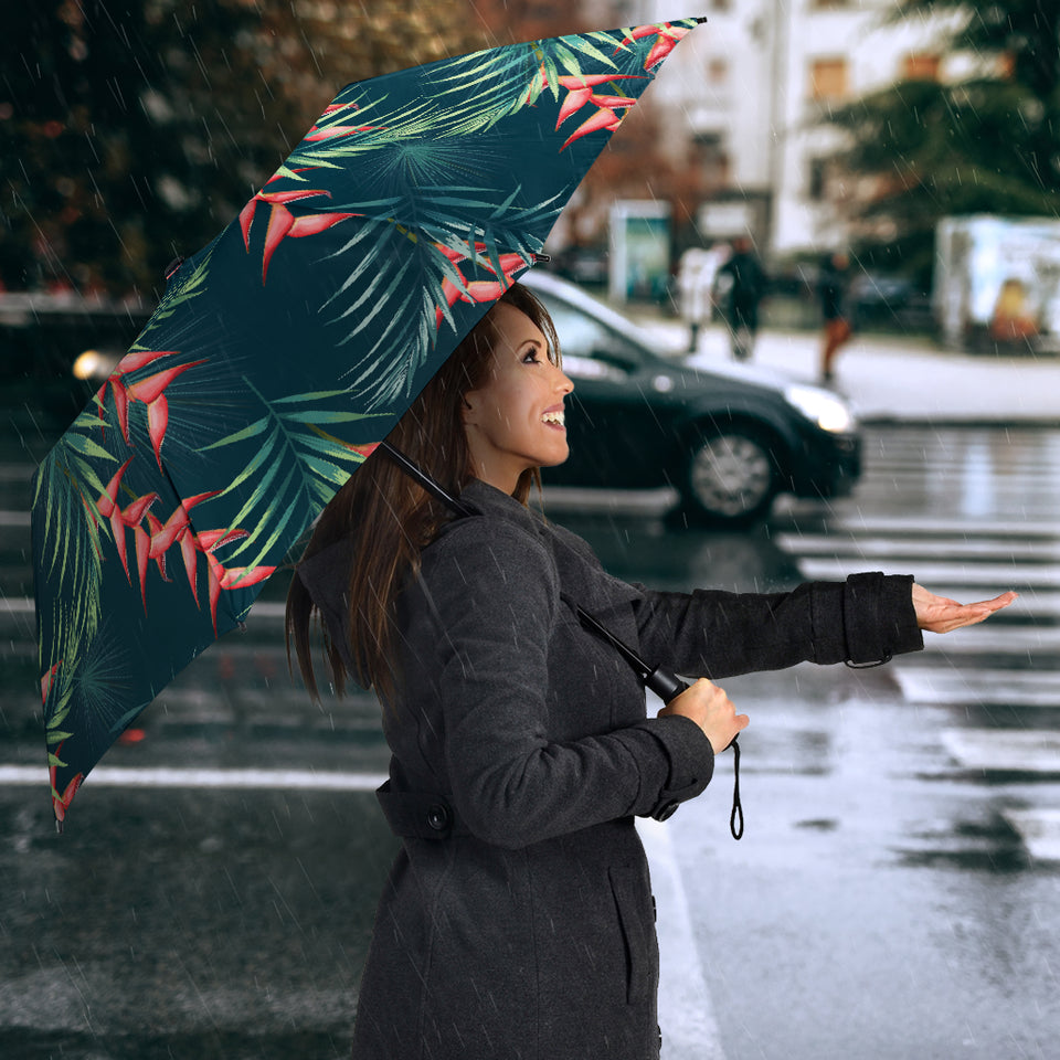 Heliconia Flowers, Palm And Monstera Leaves On Black Background Pattern Umbrella