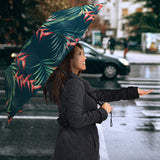 Heliconia Flowers, Palm And Monstera Leaves On Black Background Pattern Umbrella