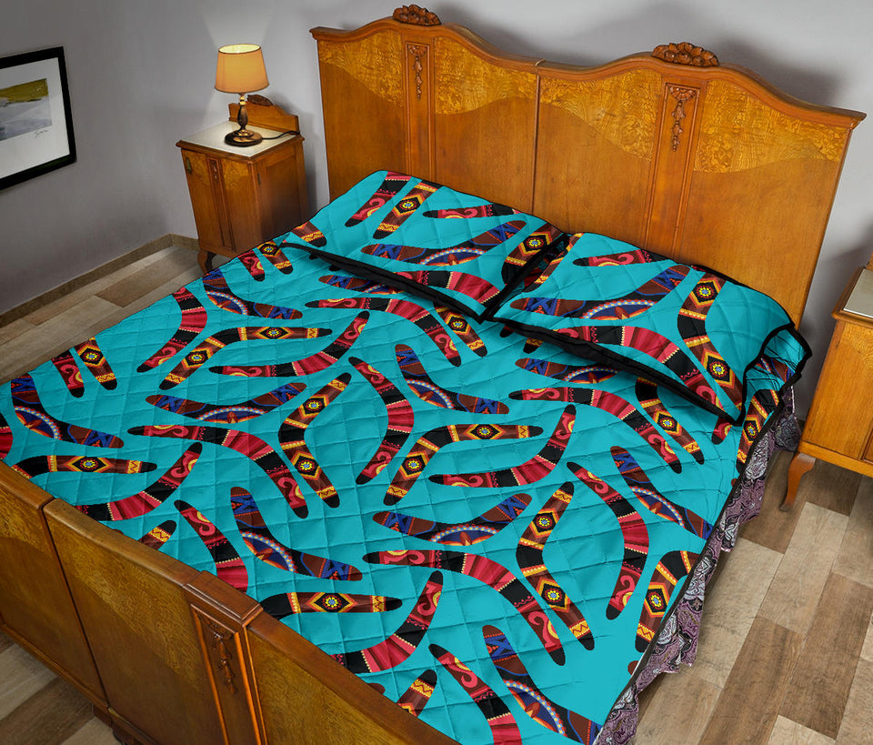 Boomerang Australian aboriginal ornament blue background Quilt Bed Set