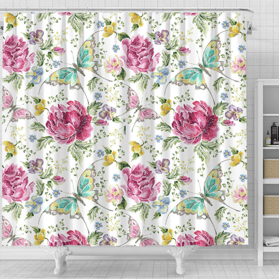 Hand Drawn Butterfly Rose Shower Curtain Fulfilled In US