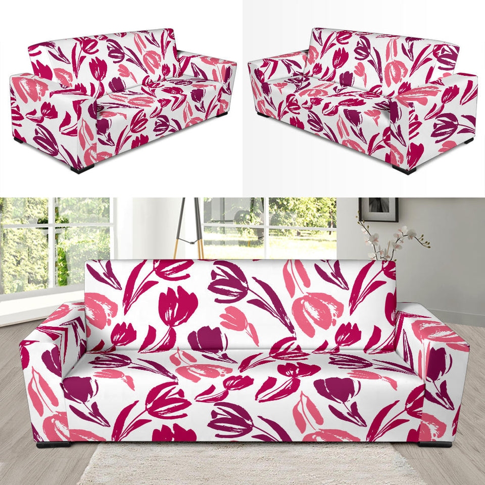 Pink Sketch Tulip Pattern Sofa Slipcover