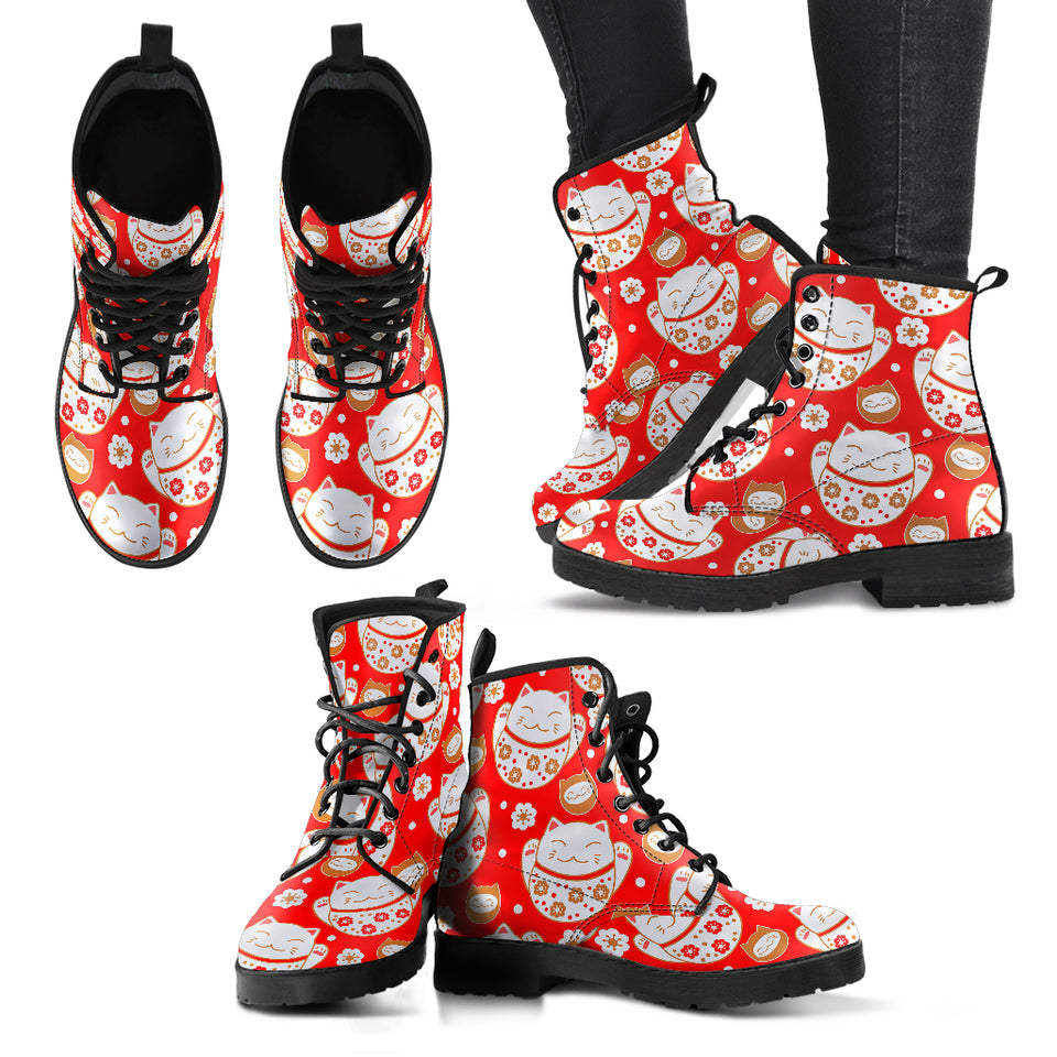 Cute Maneki Neko Lucky Cat Red Background Leather Boots