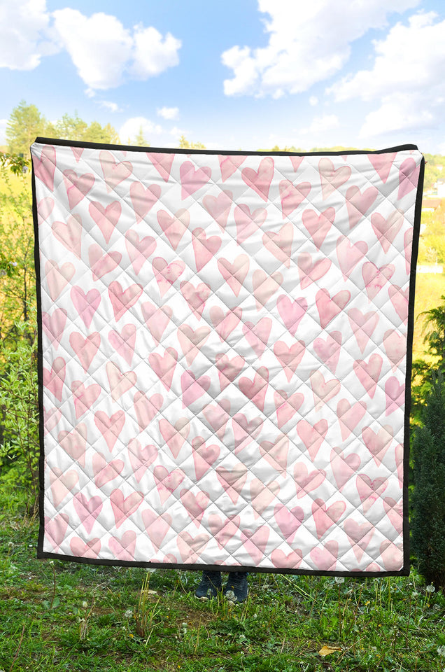 Watercolor Pink Heart Pattern Premium Quilt