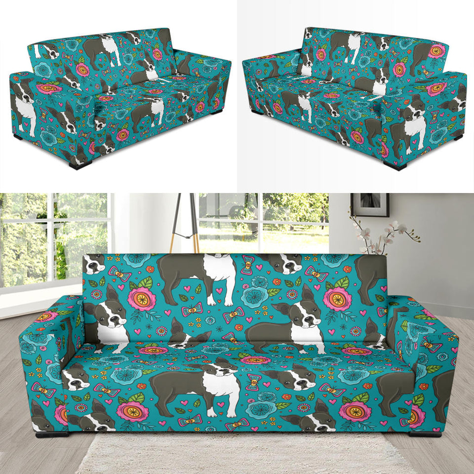 Boston Terrier Beautiful Flower Pattern Sofa Slipcover