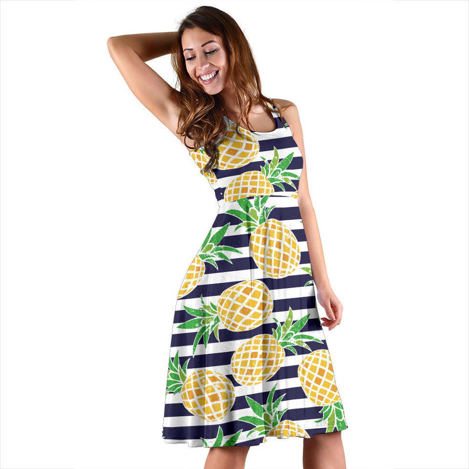Pineapples Pattern Striped Background Sleeveless Midi Dress