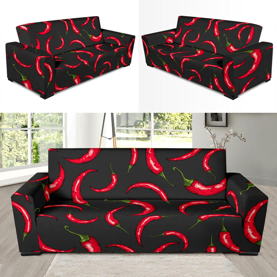 Chili Peppers Pattern Black Background Sofa Slipcover