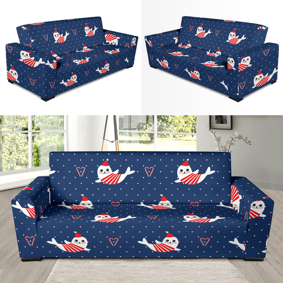 Cute Sea Lion Seal Christmas Hat Candy Cane Heart Pattern Sofa Slipcover