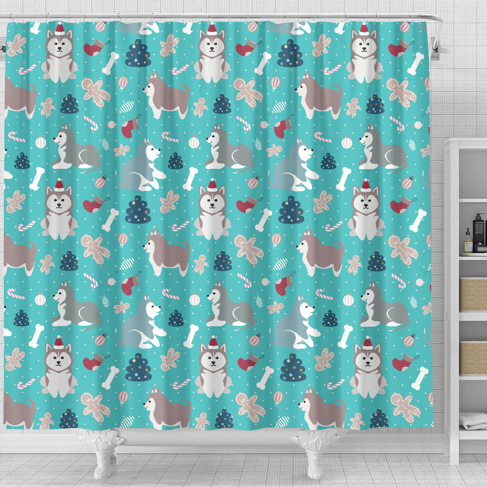 Christmas Cute Siberian Husky Puppie Pattern Shower Curtain Fulfilled In US