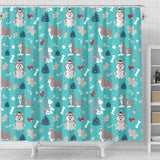 Christmas Cute Siberian Husky Puppie Pattern Shower Curtain Fulfilled In US