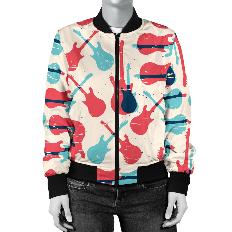 Red Blue Guitar Pattern Women'S Bomber Jacket