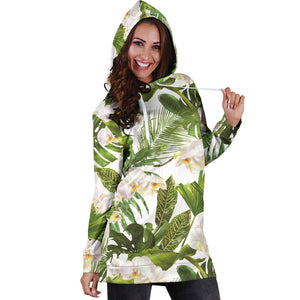 White Orchid Flower Tropical Leaves Pattern Women'S Hoodie Dress