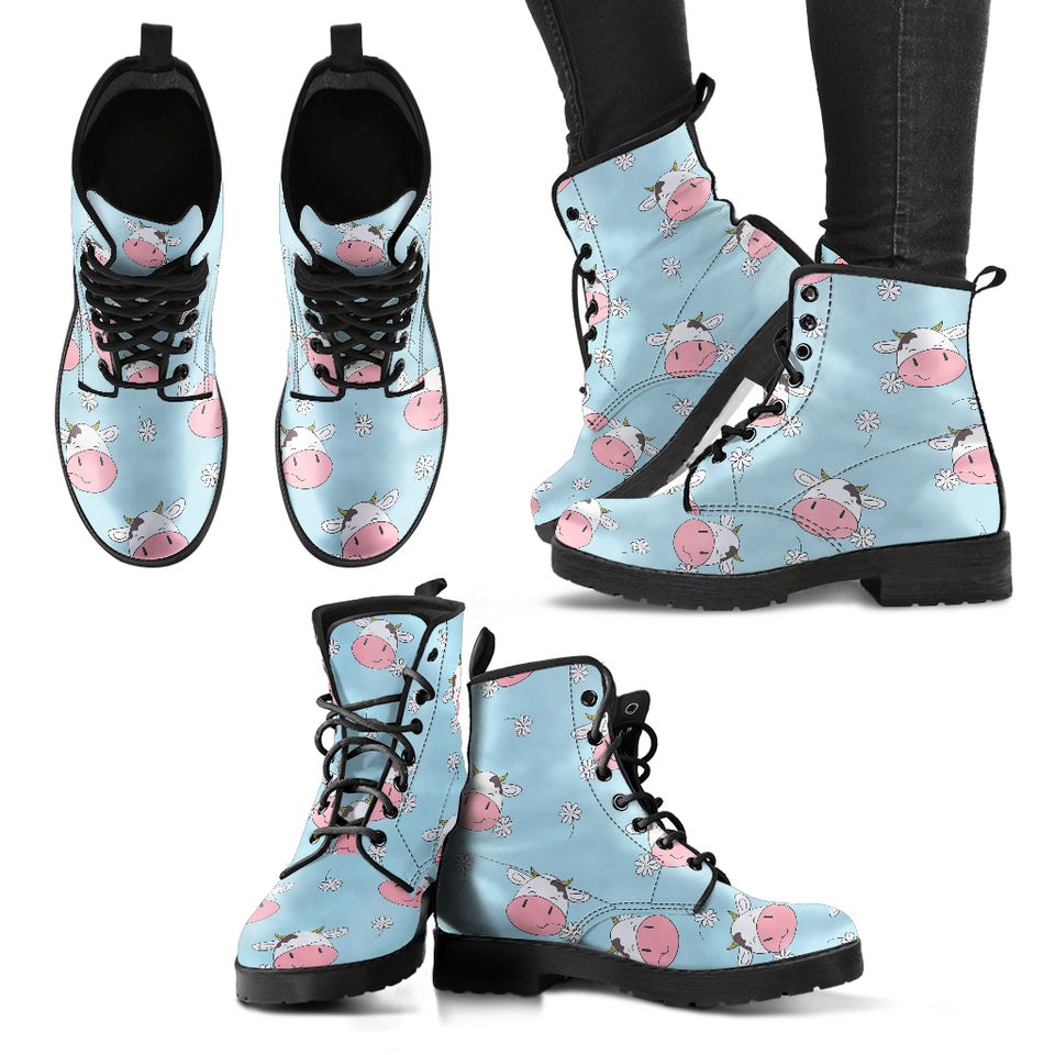 Cute Cow Flower Pattern Leather Boots