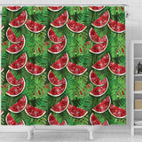 Watermelons Tropical Palm Leaves Pattern Background Shower Curtain Fulfilled In US