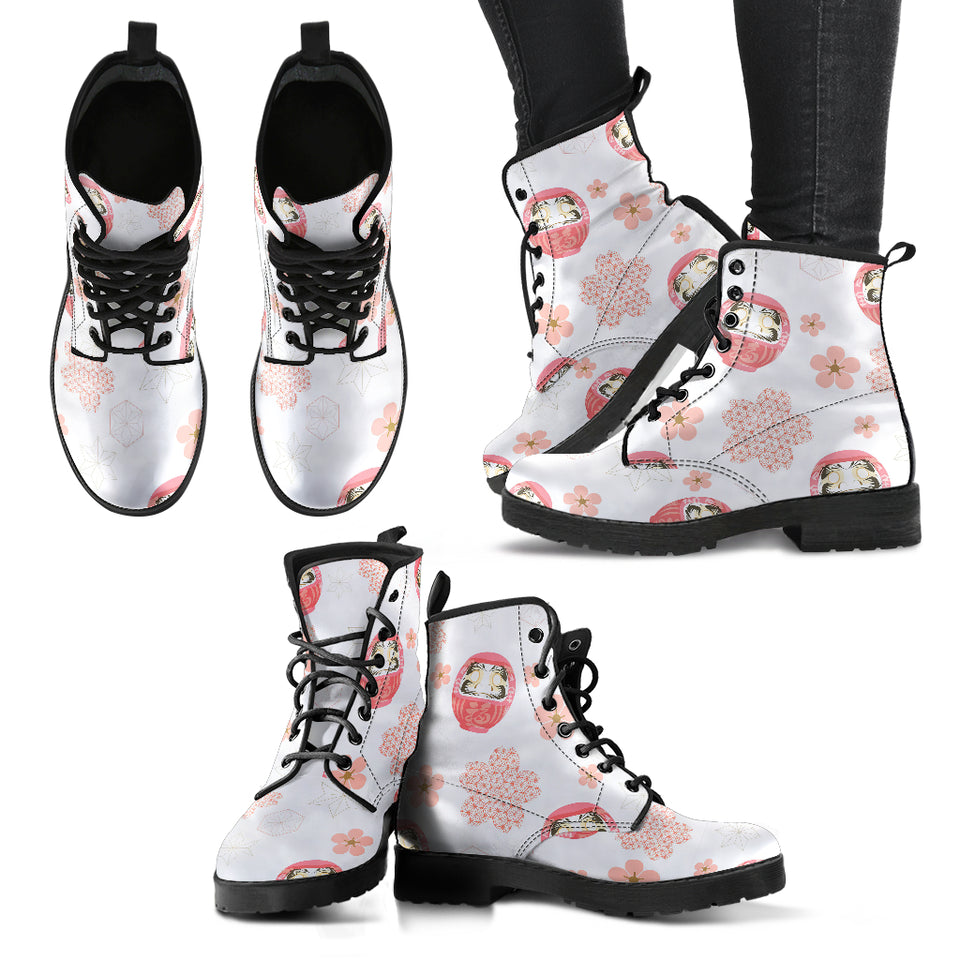 Daruma Japanese Wooden Doll Cherry Blossom Flower Pattern Leather Boots