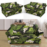 White Orchid Flower Tropical Leaves Pattern Blackground Loveseat Couch Slipcover