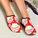 Cute Maneki Neko Lucky Cat Red Background Aqua Shoes