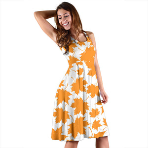 Orange Maple Leaf Pattern Sleeveless Midi Dress