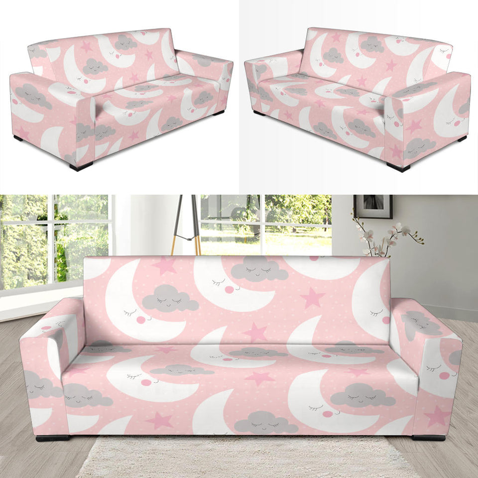 Cute Moon Cloud Star Pattern Pink Dot Background Sofa Slipcover