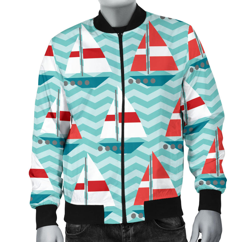 Red White Sailboat Wave Background Men'S Bomber Jacket