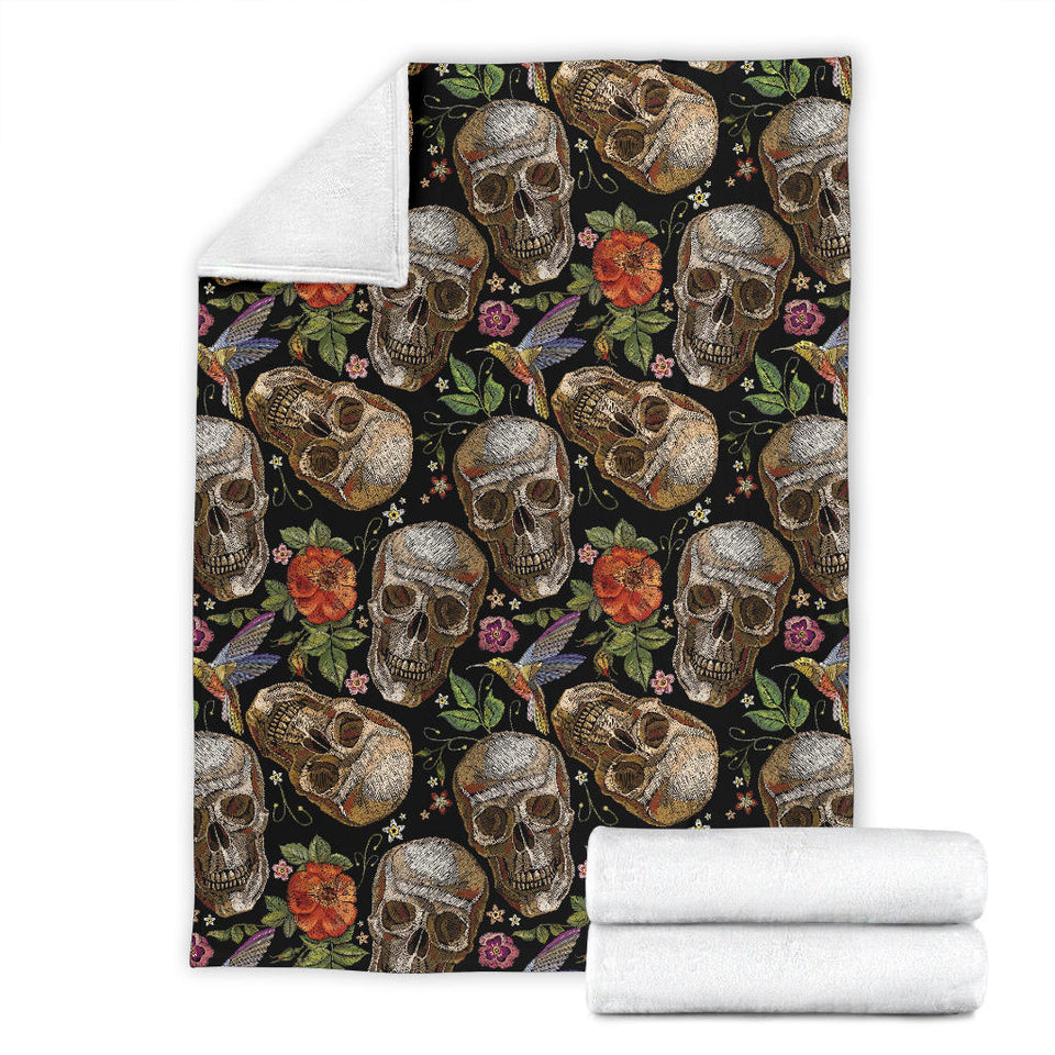 Skull Rose Humming Bird Flower Pattern Premium Blanket