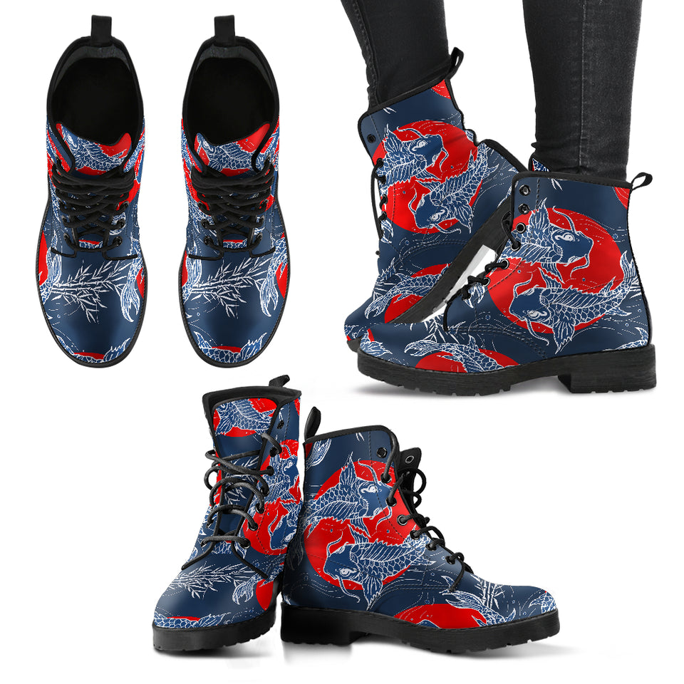 Koi Fish Carp Fishs Hand Drawn Japanese Art Leather Boots